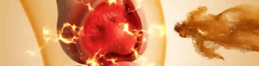 Animacion 3D: una rodilla inflamada en rojo se calma y se vuelve dorada al llegar la curcuma