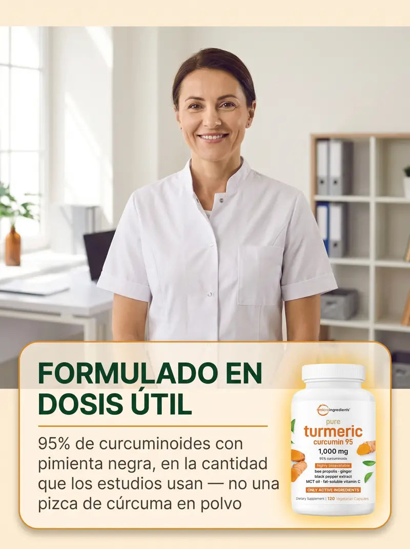 Formulado en dosis util: 95% de curcuminoides con pimienta negra, en la cantidad que los estudios usan