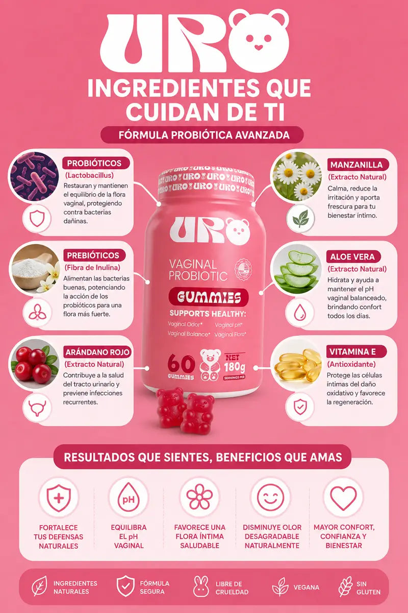 Ingredientes que cuidan de ti: probióticos, prebióticos, arándano, manzanilla, aloe vera y vitamina E