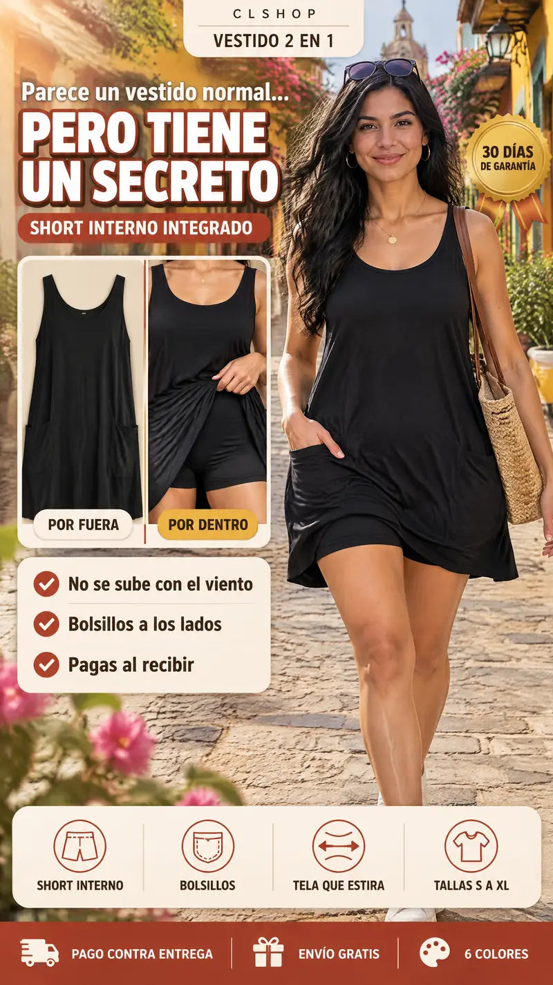 Vestido 2 en 1 con short interno integrado: por fuera vestido, por dentro short