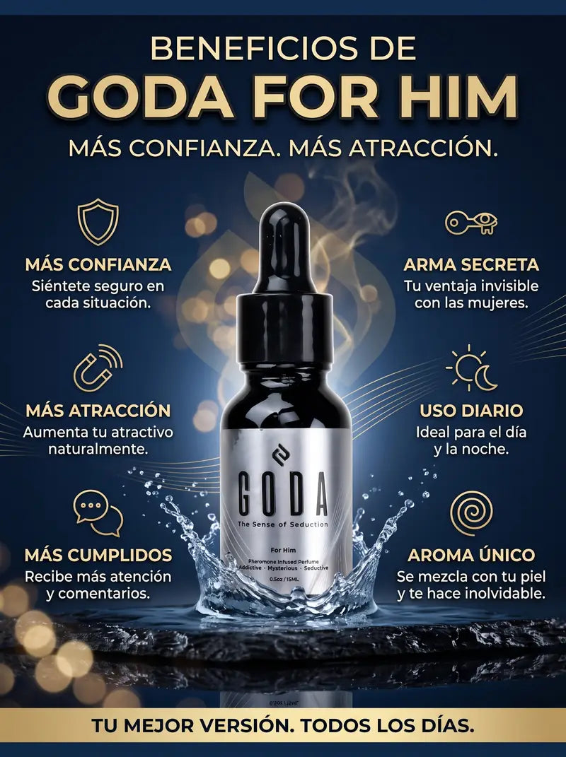 Beneficios de GODA for Him: más confianza, más atracción, más cumplidos, arma secreta, uso diario y aroma único