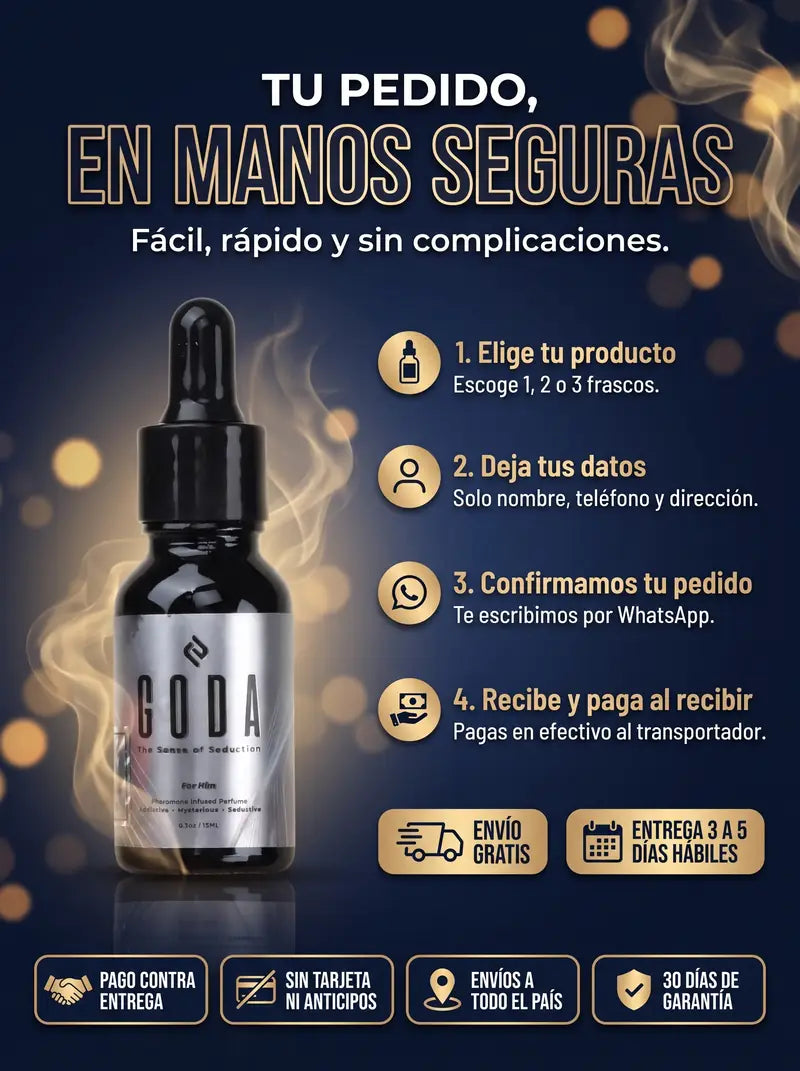 Tu pedido en manos seguras: eliges, dejas tus datos, confirmamos y pagas al recibir. Envío gratis, entrega de 3 a 5 días hábiles