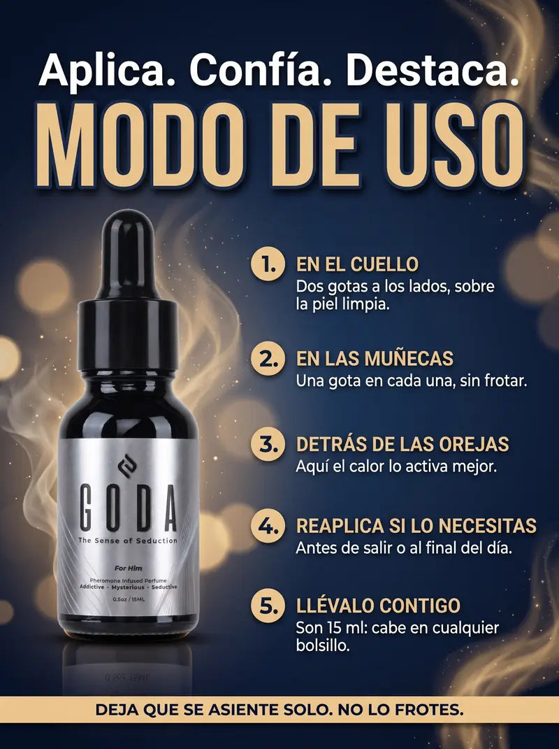 Modo de uso de GODA: en el cuello, en las muñecas, detrás de las orejas, reaplica cuando lo necesites y llévalo contigo