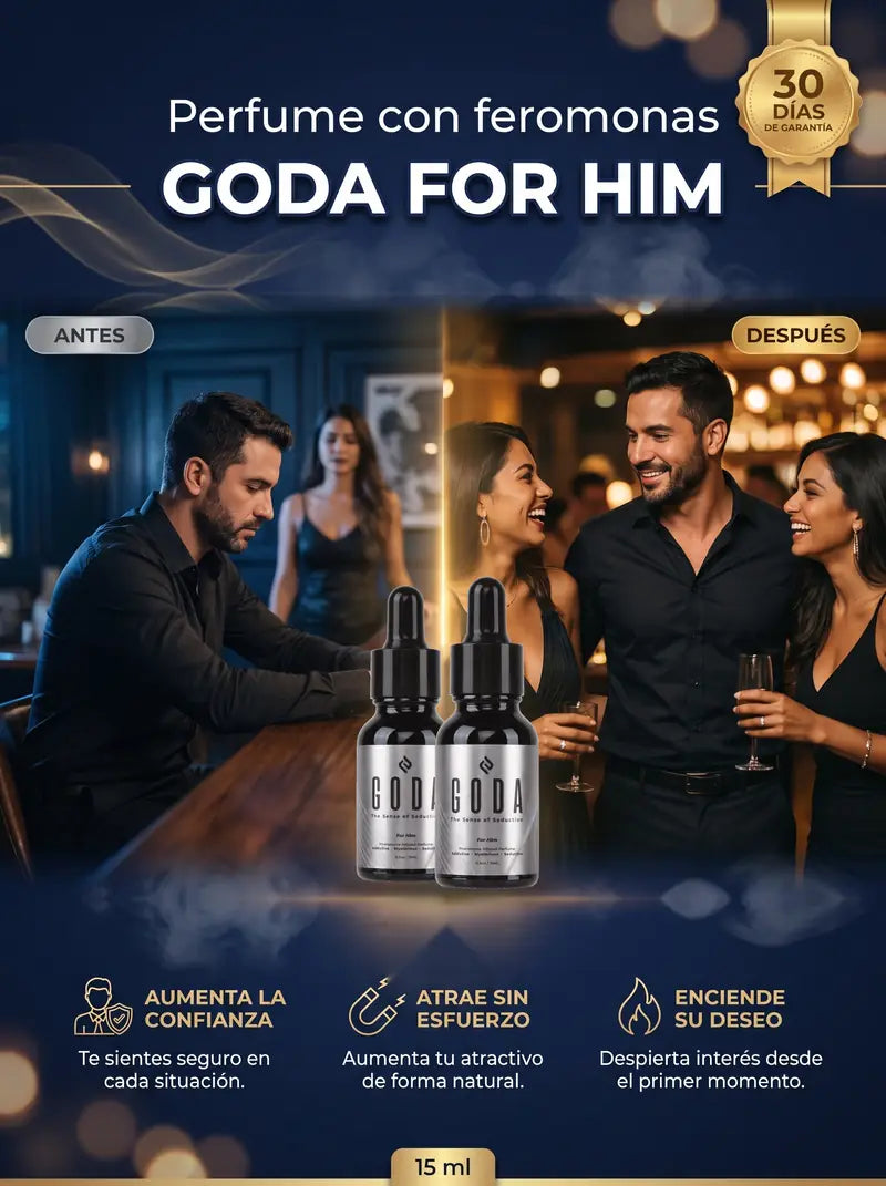 Antes y después con GODA for Him, perfume con feromonas: antes solo en la barra, después rodeado de atención. Aumenta la confianza, atrae sin esfuerzo, enciende su deseo. 15 ml con 30 días de garantía