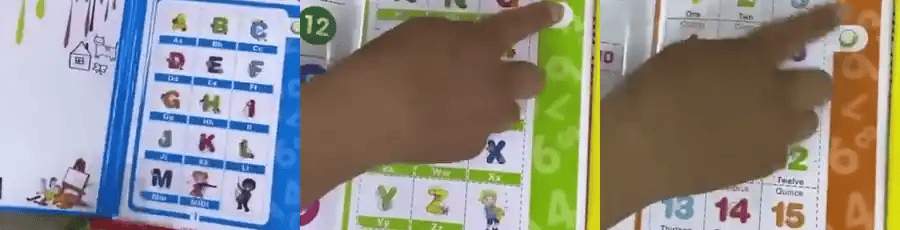 Un dedo toca las vocales, el abecedario y los numeros del libro