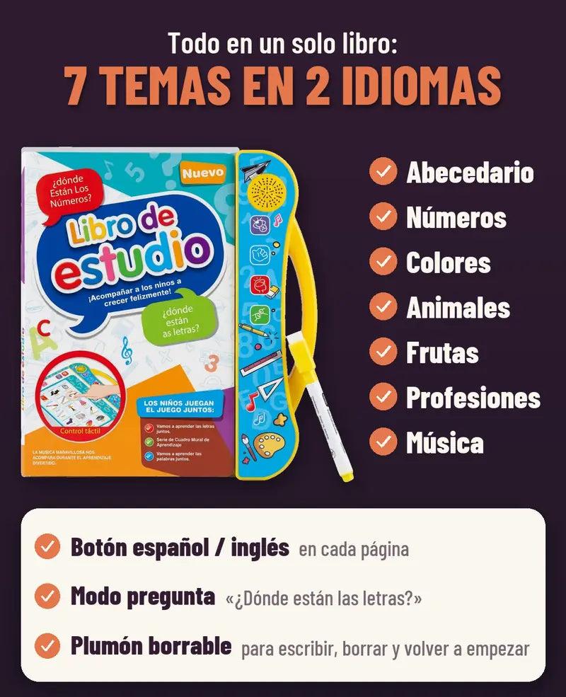 7 temas en 2 idiomas: abecedario, numeros, colores, animales, frutas, profesiones y musica, con plumon borrable