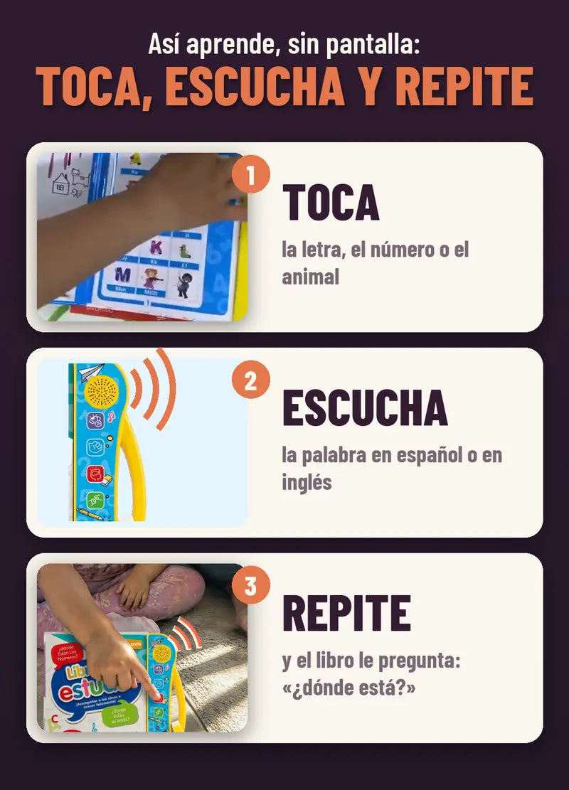 Asi aprende sin pantalla: toca la letra, escucha la palabra en espanol o en ingles y la repite