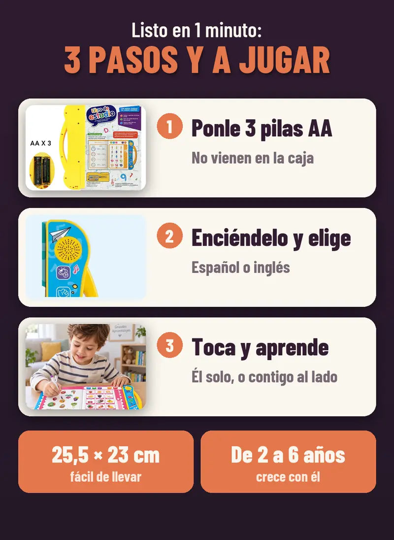 Listo en 3 pasos: 3 pilas AA no incluidas, enciendelo y elige el idioma, toca y aprende. Mide 25,5 por 23 cm, de 2 a 6 anos