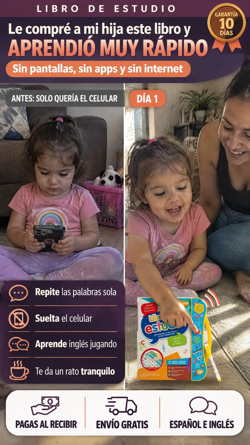 Le compre a mi hija este libro y aprendio muy rapido. Sin pantallas, sin apps y sin internet. Antes solo queria el celular; el dia 1 ya toca el libro y repite las palabras