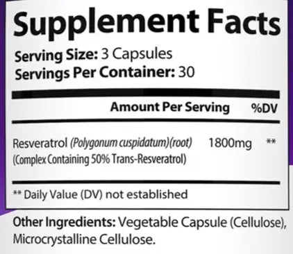 Tabla nutricional: 3 c&aacute;psulas por toma, 30 tomas por frasco, 1800 mg de complejo de resveratrol