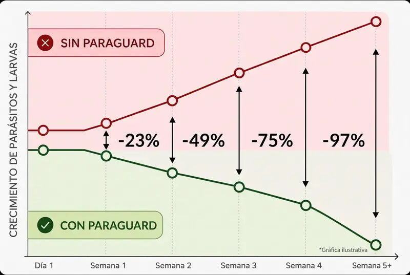 Gráfica ilustrativa: crecimiento de parásitos y larvas con y sin ParaGuard