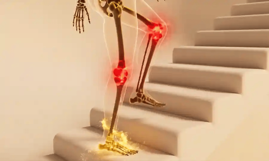 Animacion 3D: las articulaciones de cadera, rodilla y tobillo pasan del rojo al dorado y la figura sube las escaleras con soltura