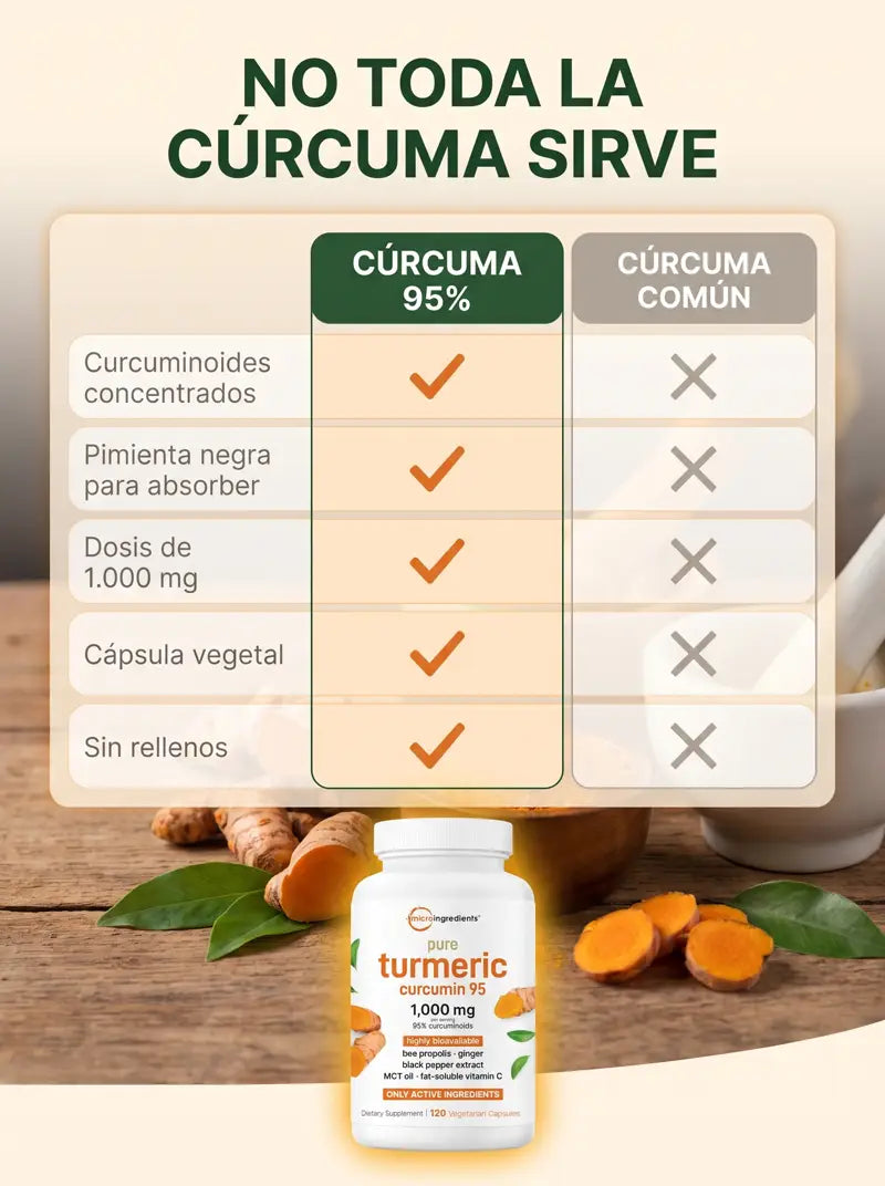 No toda la curcuma sirve: curcuma 95% frente a curcuma comun en curcuminoides concentrados, pimienta negra, dosis de 1.000 mg, capsula vegetal y sin rellenos
