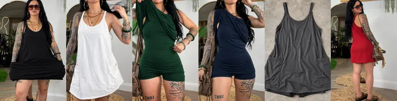 El vestido en sus 6 colores: negro, blanco, verde, azul, gris y rojo